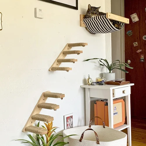 3Pcs Cat Hammock with Four Step Sisal Stairways or Scratching Posts Set Wall Mounted Wooden